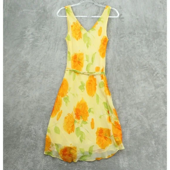 Vintage Mica Dress Women 4 Silk Floral Belted Chiffon Bias Cut 90s Midi Yellow - Picture 2 of 12